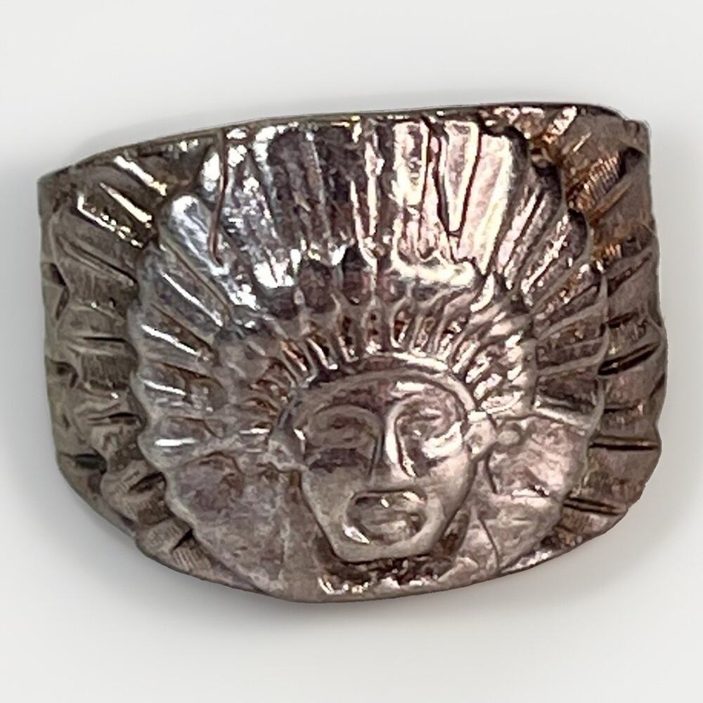 Old Vintage Men’s Biker Ring Indian Chief Head Dress 925 Sterling Silver Sz 8.5
